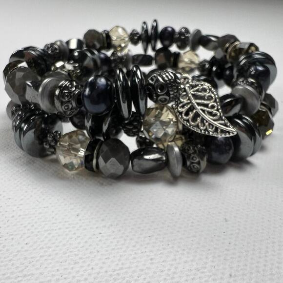 Handmade Beaded Coil Bracelet Mixed Metals and Glass Black Hematite Style - Picture 1 of 8